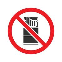 verboden bord met pakje sigaretten glyph icoon. stop silhouet symbool. geen rookverbod. negatieve ruimte. vector geïsoleerde illustratie