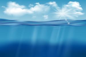 Realistische onderwaterachtergrond. Oceaan diep water, zee onder water niveau, zonnestralen blauwe golf horizon. Wateroppervlak 3D-vector concept vector