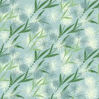 doodle naadloze patroon met witte en blauwe paardebloem silhouetten. abstracte bloemen met groene bladeren op de achtergrond van de kleur van de hemel. vector