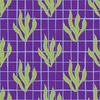 heldere oceaan flora naadloze patroon met hand getrokken zeewier ornament. paarse geruite achtergrond. vector