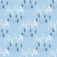 naadloos patroon met bomen en bergen op blauwe achtergrond. scandinavisch eindeloos bosbehang. vector
