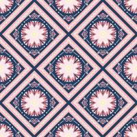 geel, roze, wit op indigoblauw. geometrische etnische oosterse patroon traditioneel ontwerp voor achtergrond, tapijt, behang, kleding, verpakking, batik, stof, vector illustratie borduurstijl