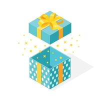 3d isometrische geschenkdoos met strik, lint geïsoleerd op een witte achtergrond. open pakket met glanzende confetti. vector cartoon ontwerp