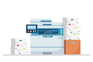 printer, kantoormachine met papier, documentenstapel. scanner, kopieerapparatuur. multifunctioneel apparaat. papierwerk met karton, kartonnen doos. vector cartoon ontwerp
