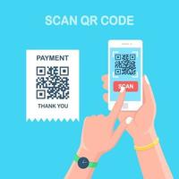 scan qr-code naar telefoon. mobiele barcodelezer, scanner in de hand met betalingsbewijs. elektronische digitale betaling met smartphone. vector plat ontwerp