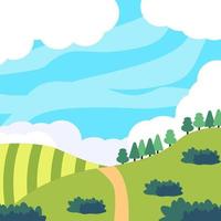 vector illustratie achtergrond van platteland. heuvelachtig landschap met lentelandschap met groen gras en blauwe lucht.