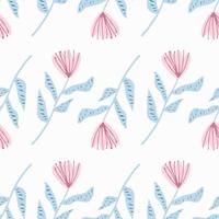 geïsoleerd eenvoudig naadloos bloemenpatroon. tulp silhouetten met roze toppen en blauwe stengels op een witte achtergrond. vector