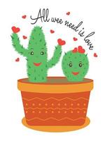 het paar cactussen in een bloempot. romantische illustratie voor de valentijnsdag. gelukkige paar verliefd vectorillustratie. poster, ansichtkaart illustratie. vector