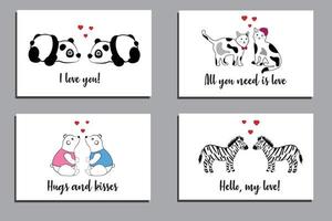 set creatieve romantische kaarten voor valentijnsdag met schattige koppels dieren. romantische illustraties, perfect voor prints, flyers, posters, bewaar deze datum, vakantie-uitnodigingen en meer. vector