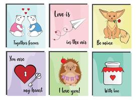 set kaarten voor gelukkige valentijnsdag met romantische items. schattige dieren in de liefde. relatie, liefde, Valentijnsdag, romantisch concept. vectorillustratie voor poster, kaart, briefkaart. vector