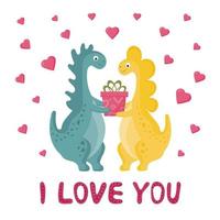 schattig paar verliefde dinosaurussen. lieve romantische dino jongen en meisje met cadeaus. cartoonontwerp voor wenskaarten, posters, mokken, kleding. gelukkige valentijnskaart. vector