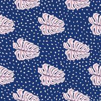 roze eenvoudige stijl monstera blad silhouetten naadloze patroon. marineblauwe gestippelde achtergrond. vector