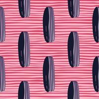helder naadloos patroon met eenvoudige doodle eclair silouettes. donker marineblauw bakkerij franse elementen op roze gestreepte achtergrond. vector