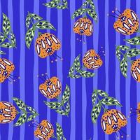 abstracte willekeurige naadloze patroon met oranje gekleurde folk bloemen elementen. blauw gestreepte achtergrond. helder ontwerp. vector