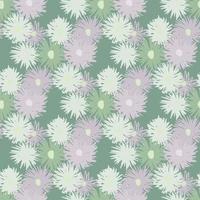 naadloos lentepatroon met chrysantensilhouetten. bleke achtergrond en zachte paarse en groene bloemen. vector