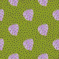 plakboek naadloos patroon met paarse doodle monstera blad elementen. groene gestippelde achtergrond. vector