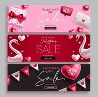 Valentijnsdag verkoop vector banner set. Valentijnsdag promo korting collectie voor harten dag promotie achtergrondontwerp.