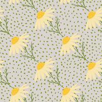 zomerseizoen naadloos patroon met doodle gele madeliefjes print. pastel paarse achtergrond met stippen. vector