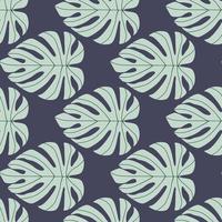 licht monstera gestileerde vormen ornament naadloze doodle patroon. marineblauwe achtergrond. exotische plantenprint. vector