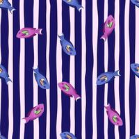 helder naadloos patroon met blauw en paars visvormen ornament. marineblauw en grijs gestreepte achtergrond. vector