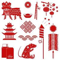 set van rode chinees nieuwjaar silhouet iconen. vector. set omvat voetzoeker, chinese leeuw, rat, envelop, geld en uitrusting voor de viering van het chinese nieuwjaar. vector