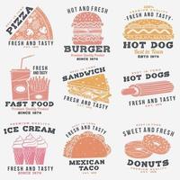 set van fastfood retro badgeontwerp. vintage design met hotdog, hamburger, pizza voor café, restaurant, pub of fastfoodbedrijf. sjabloon voor restaurantidentiteitsobjecten, verpakkingen en menu vector