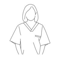 illustratie lijntekening van een jonge medische verpleegster die uniforme scrubs en een phonendoscope of stethoscoop draagt. een portret van een arts die naar de camera kijkt die op witte achtergrond wordt geïsoleerd vector