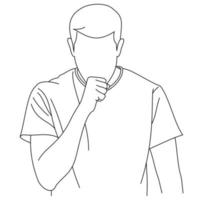 illustratie lijntekening van een jonge man die zich onwel voelt en hoest als symptoom voor verkoudheid, kortademigheid, pijn in de keel of bronchitis. een man hoest in zijn vuist geïsoleerd op een witte vector