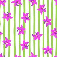 helder roze orchidee bloemen silhouetten naadloze patroon. bloemen achtergrond. witte en groene gestreepte achtergrond. vector