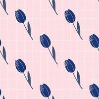 marineblauwe tulp silhouetten naadloze patroon. hand getekend bloemenornament op roze geruite achtergrond. vector