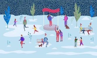 mensen schaatsen op de ijsbaan en wandelen tussen versierde bomen. vector