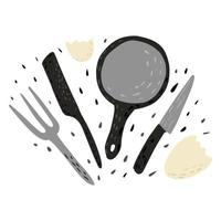 samenstelling pan met vork, mes en eierschaal op witte achtergrond. hulpmiddel koken in doodle. vector