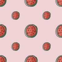 minimalistische naadloze patroon met doodle rode watermeloen halve vormen. lila lichte achtergrond. eenvoudige afdruk. vector