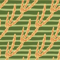 decoratief naadloos patroon met handgetekende oranje gekleurde zeewiervormen. groene olijf gestreepte achtergrond. vector