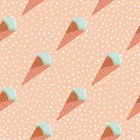 ijs naadloze patroon. roze achtergrond met witte stippen en turquoise crème in wafelkegel. vector