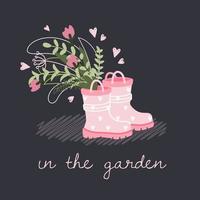 leuke lentekaart met een boeket bloemen en rubberen laarzen. tuinieren concept. hand tekenen illustratie in cartoon-stijl met belettering - in de tuin. vector