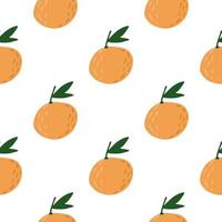 geïsoleerd naadloos voedselpatroon met mandarijnenornament. eenvoudige oranje fruitvormen met groene bladeren op witte achtergrond. vector