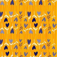 zomer hart takken naadloze patroon. gele gestripte achtergrond en marineblauw palet botanisch ornament. eenvoudige achtergrond. vector