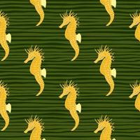 cartoon zeepaardje oranje heldere silhouetten dierlijke print naadloze patroon. groene donkere gestreepte achtergrond. vector