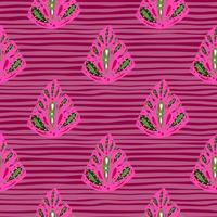 roze en groen gekleurde abstracte monstera-elementen print. roze gestreepte achtergrond. doodle flora achtergrond. vector