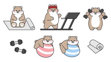 set van schattige getekende hamsters. kawaii hamster gaat sporten. verzameling avatars mascottes grappig karakter dierlijke stickers geïsoleerd op een witte achtergrond. vector stock illustratie