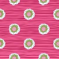 naadloze patroon in doodle stijl met eenvoudige groen en wit gekleurde folk bud silhouetten. roze gestreepte achtergrond. vector