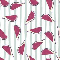 willekeurig naadloos eenvoudig patroon met roze gekleurde vijgensilhouetten. witte en blauw gestreepte achtergrond. vector