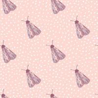 eenvoudig naadloos insectenpatroon met mollenornament. lichtpaarse vlindervormen op roze gestippelde achtergrond. vector