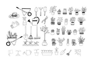 tuinieren instellen hand getrokken doodle. , minimalisme, scandinavisch, monochroom, noords. tuingereedschap, planten, zaden, ingemaakte bloemen. sticker, icoon. vector