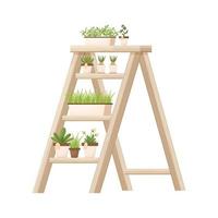 houten rekken, ladder met potplanten, bloemen in cartoon stijl geïsoleerd op een witte achtergrond. bloemist, bloemenwinkel reclame, decoratie. tuinieren, zaaien element. vector illustratie