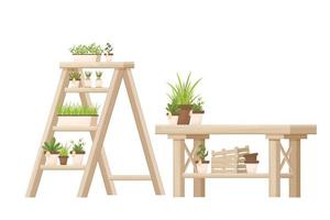 bloemenwinkel houten meubilair, winkel apparatuur met rekken ladder, bureau en reclamebord geïsoleerd op een witte achtergrond in cartoon-stijl. retail decoratie-element, bloempot, verse, groene planten. vector