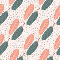 naadloos teder patroon met bladeren. hand getekende botanische sieraad in roze en lichtblauwe kleuren op witte gestippelde achtergrond. vector