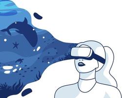 vrouw die virtual reality ervaart met behulp van de oceaan. metaverse digitale cyber wereld technologie vector achtergrond illustratie