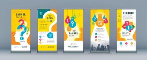 abstract kleurrijk menselijk hoofd met gloeilamp en vraagteken, zakelijke roll-up set. staande banner sjabloonontwerp. vector